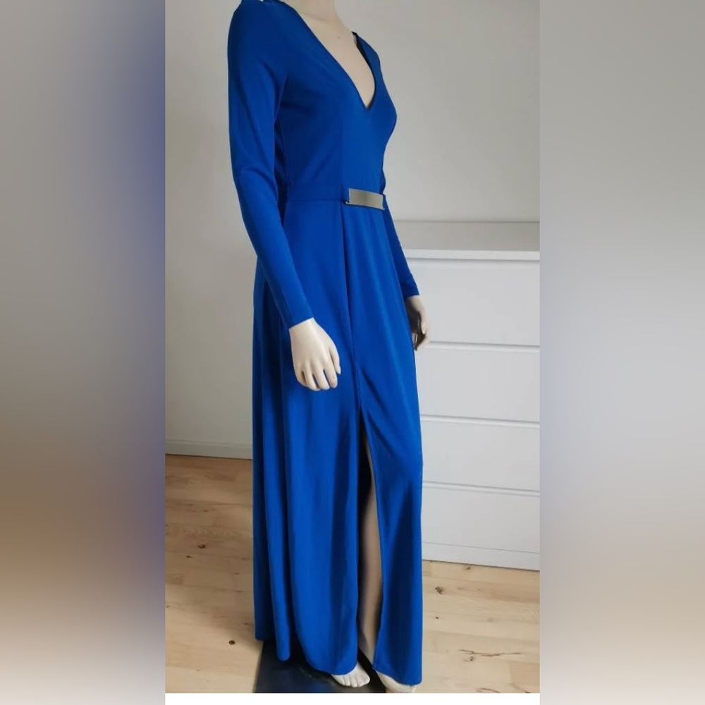 Maxi Dress. Blue. Small. Thigh Split. Stretch. Long Sleeves. Gold belt